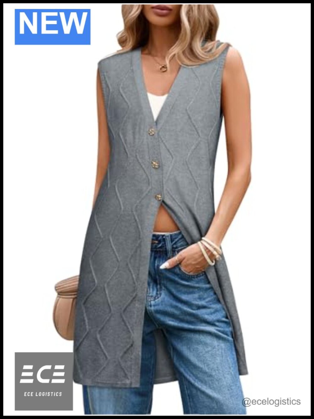 Sleeveless Button Up Cable Knit Cardigan Vest Tunic Sweater Women